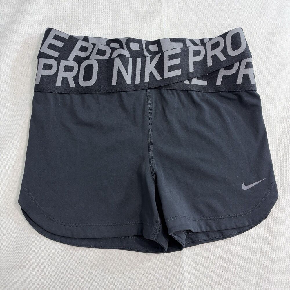 Nike Pro Dri-FIT Shorts Womens Medium Black Crossover Logo Waistband Athletic